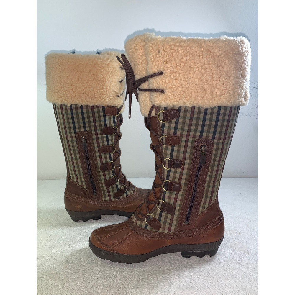 UGG Edmonton Lace Up Waterproof Plaid Duck Boots Brown Leather Fur Trim 3226 7